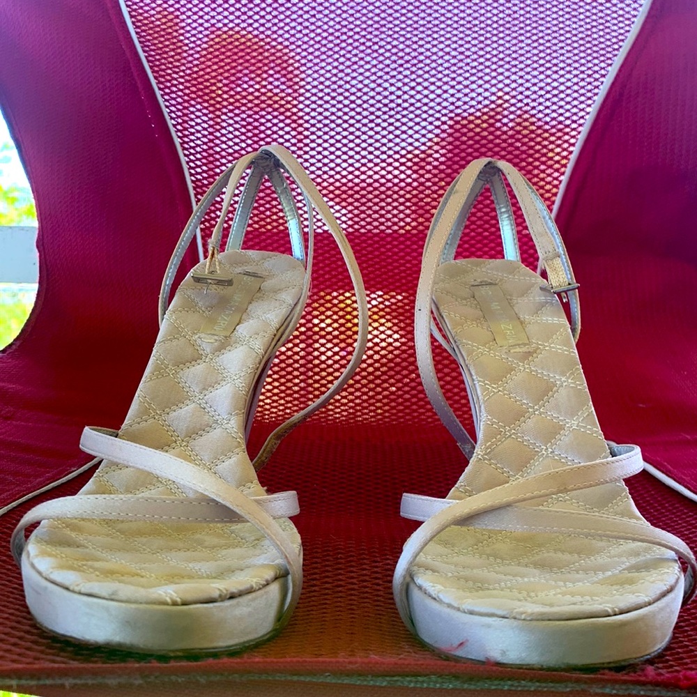 BCBG MAXAZRIA leather upper high heel neutral satin sandal-dress up any outfit!